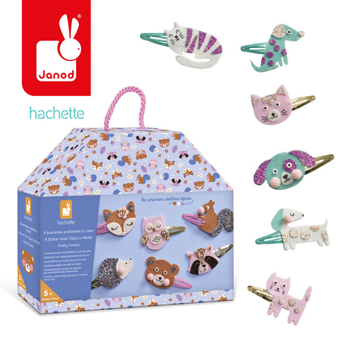 Janod Zestaw kreatywny do tworzenia biżuterii Brokatowe spinki do włosów Leśne zwierzątka 5+