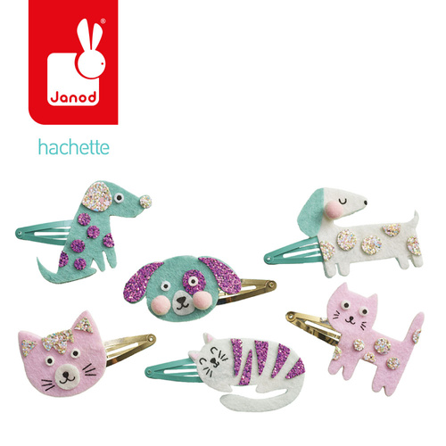 Janod Zestaw kreatywny do tworzenia biżuterii Brokatowe spinki do włosów Pieski i kotki 5+