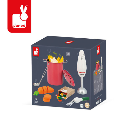 Janod Zestaw do gotowania zupy z drewnianym blenderem i akcesoriami 3+