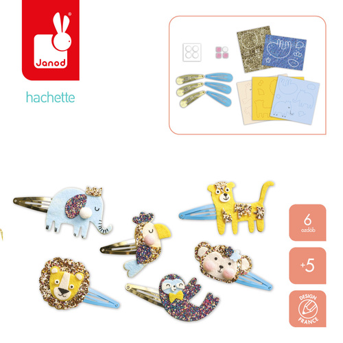 Janod Zestaw kreatywny do tworzenia biżuterii Brokatowe spinki do włosów Egzotyczne zwierzęta 5+