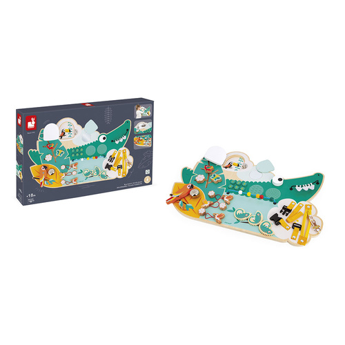 Janod Duża drewniana tablica manipulacyjna 14 aktywności Krokodyl Tropik 18m+