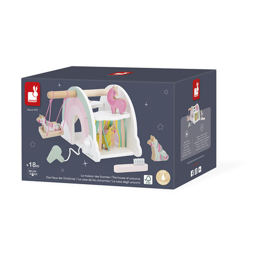 Janod Drewaniany domek jednorożców z 5 akcesoriami Jednorożce 18m+
