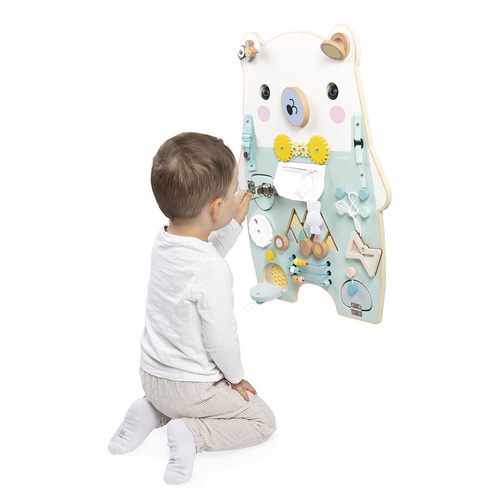 Janod Duża drewniana tablica manipulacyjna 20 aktywności Miś Pure 18m+