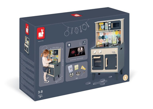 Janod Duża drewniana kuchnia z dźwiękiem, światłem LED i 6 akcesoriami Mozaika 3-8 lat