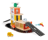 Janod Drewniany garaż piętrowy z 4 akcesoriami Bolid 2+