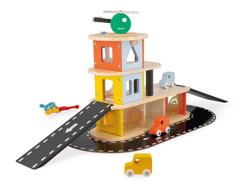 Janod Drewniany garaż piętrowy z 4 akcesoriami Bolid 2+