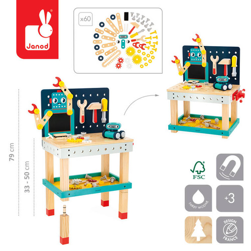 Duży stolik warsztat drewniany magnetyczny Robot Brico ‘Kids 3+ Janod