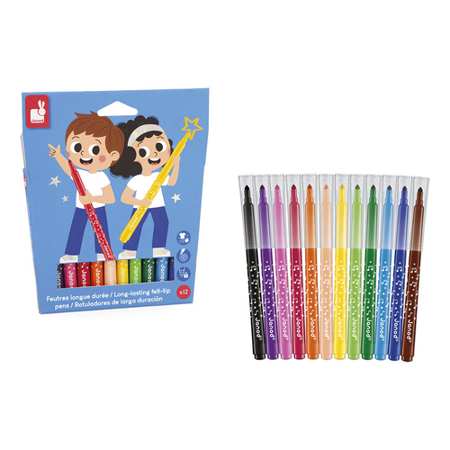 Janod Flamastry pisaki z filcową końcówką 12 kolorów 3+