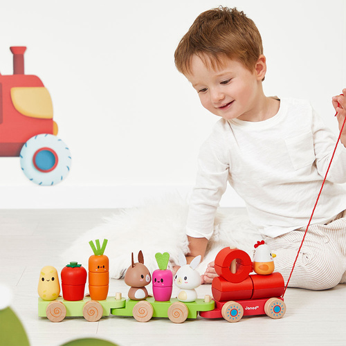 Janod Pociąg z klockami i figurkami do ciągnięcia Farma 12m+