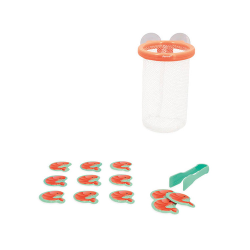 Janod Łapacz krewetek do kąpieli kosz z przyssawkami i 12 krewetkami 2+