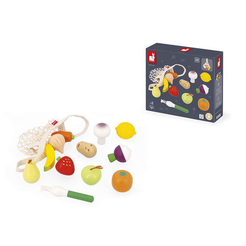 Janod Zestaw drewnianych warzyw i owoców w siatce 12 el. Shiny Grandma 3+