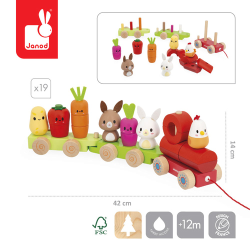 Janod Pociąg z klockami i figurkami do ciągnięcia Farma 12m+