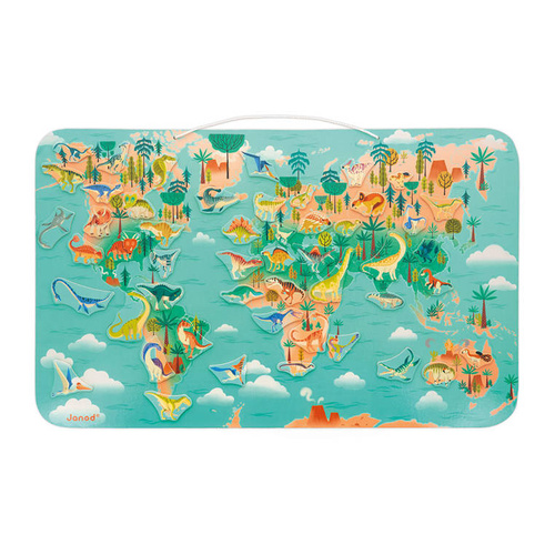 Janod Układanka drewniana magnetyczna Mapa świata z 50 magnesami Dinozaury 7+