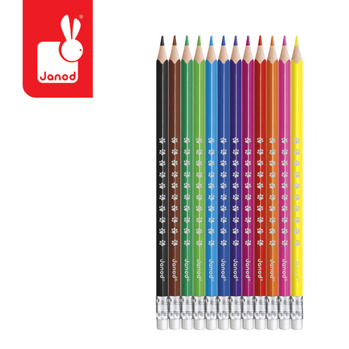Janod Kredki ołówkowe zmazywalne z gumką 12 kolorów 3+