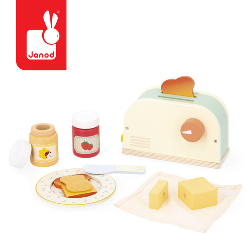 Janod Drewniany zestaw śniadaniowy z tosterem i 12 akcesoriami Shiny Grandma 3+