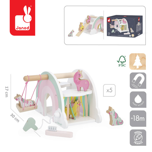 Janod Drewaniany domek jednorożców z 5 akcesoriami Jednorożce 18m+