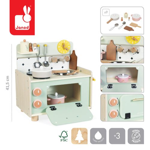Janod Mała drewniana kuchnia z 9 akcesoriami Shiny Grandma 3+