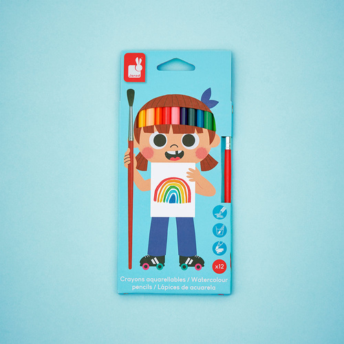 Janod Kredki akwarelowe z pędzelkiem 12 kolorów 3+