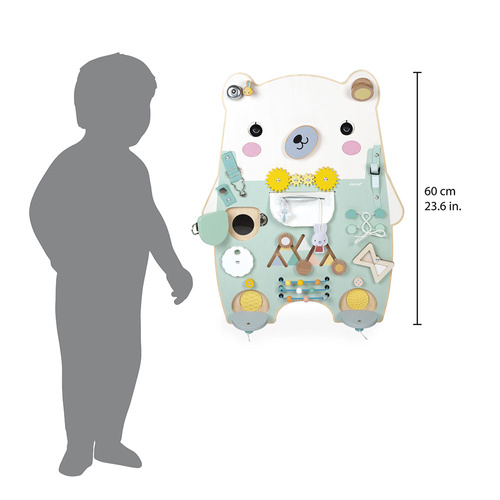 Janod Duża drewniana tablica manipulacyjna 20 aktywności Miś Pure 18m+