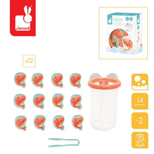 Janod Łapacz krewetek do kąpieli kosz z przyssawkami i 12 krewetkami 2+