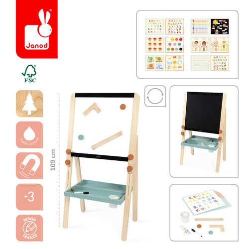 Duża tablica magnetyczna dwustronna z akcesoriami i pomocami edukacyjnymi 3+ Janod