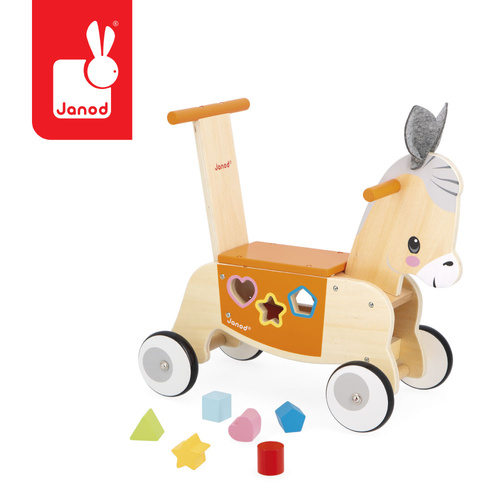 Janod Jeździk i pchacz 2w1 z sorterem kształtów Osiołek Farma 12m+