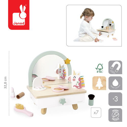 Janod Mała toaletka drewniana z akcesoriami Jednorożec 3+