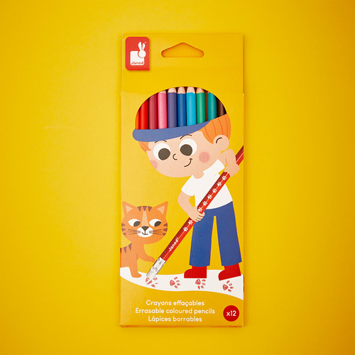 Janod Kredki ołówkowe zmazywalne z gumką 12 kolorów 3+