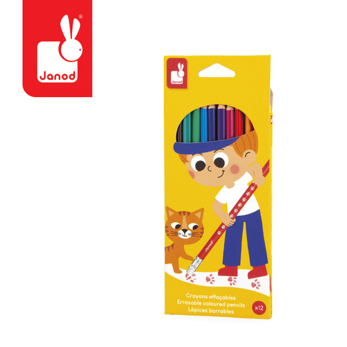 Janod Kredki ołówkowe zmazywalne z gumką 12 kolorów 3+