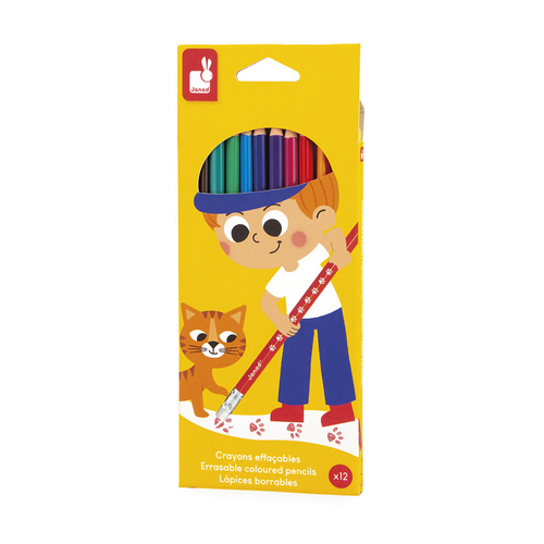 Janod Kredki ołówkowe zmazywalne z gumką 12 kolorów 3+