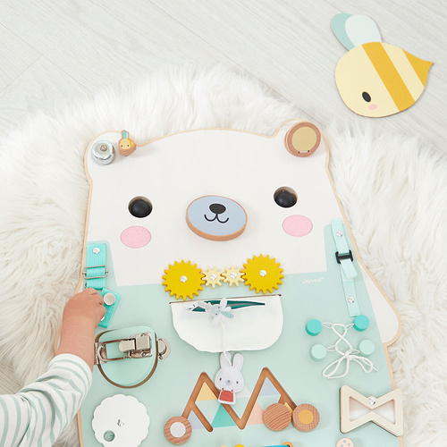 Janod Duża drewniana tablica manipulacyjna 20 aktywności Miś Pure 18m+