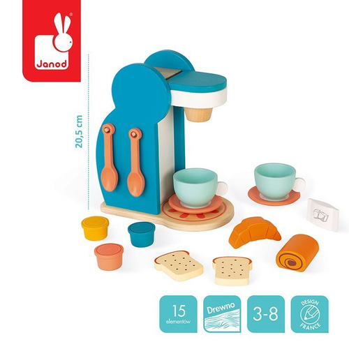 Janod Drewniany zestaw śniadaniowy z ekspresem do kawy i 14 akcesoriami