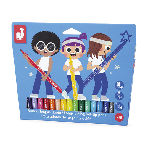 Janod Flamastry pisaki z filcową końcówką 18 kolorów 3+