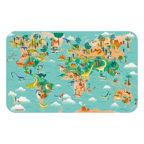 Janod Układanka drewniana magnetyczna Mapa świata z 50 magnesami Dinozaury 7+