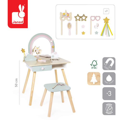 Janod Duża toaletka drewaniana z akcesoriami Jednorożec 3+