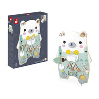 Janod Duża drewniana tablica manipulacyjna 20 aktywności Miś Pure 18m+