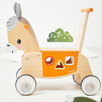 Janod Jeździk i pchacz 2w1 z sorterem kształtów Osiołek Farma 12m+