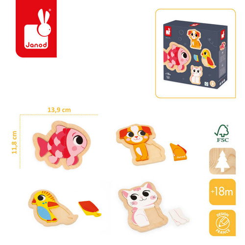 Janod Puzzle progresywne drewniane Zwierzęta domowe 4 układanki – 2, 3, 4 i 5 elementów 18 m+
