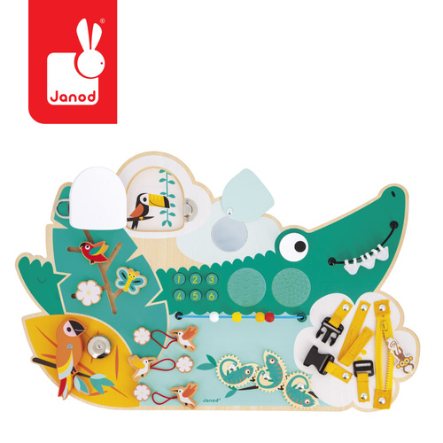 Janod Duża drewniana tablica manipulacyjna 14 aktywności Krokodyl Tropik 18m+