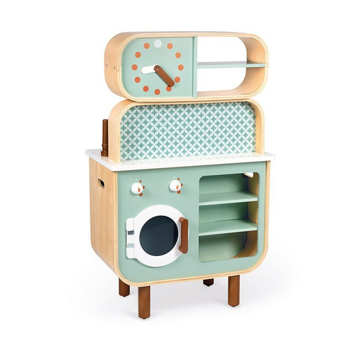 Janod Dwustronna drewniana kuchnia z pralką 2w1, z dźwiękiem, światłem LED i 8 akcesoriami