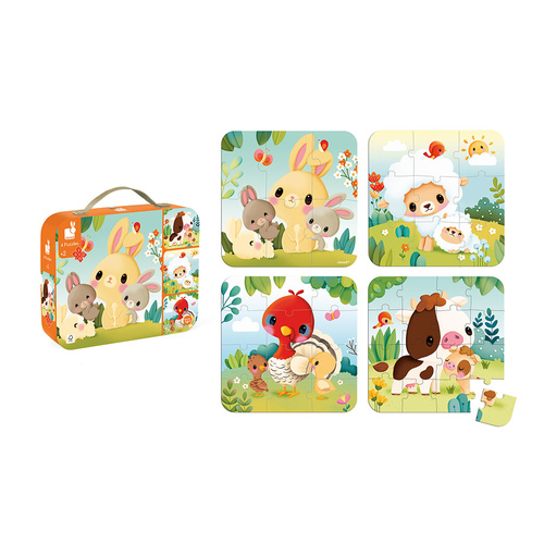 Janod Puzzle progresywne w walizce Zwierzątka na farmie 4 układanki – 6, 9, 12 i 16 elementów 2+