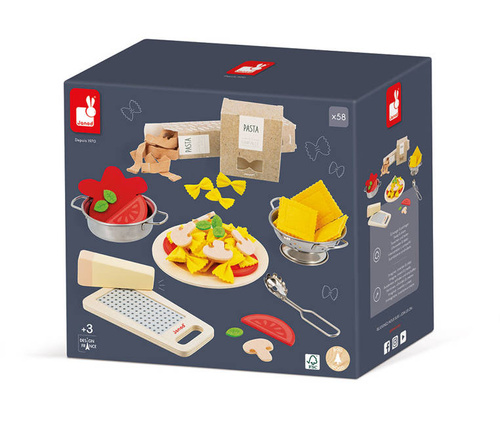 Janod Filcowy zestaw makaronów i akcesoria do przyrządzania włoskiej pasty 3+