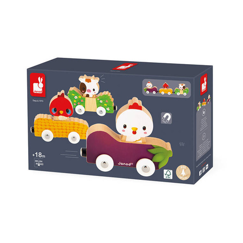 Janod Magnetyczne drewaniane pojazdy ze zwierzątkami gospodarskimi Farma 18 m+