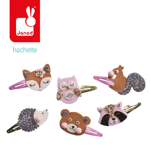 Janod Zestaw kreatywny do tworzenia biżuterii Brokatowe spinki do włosów Leśne zwierzątka 5+