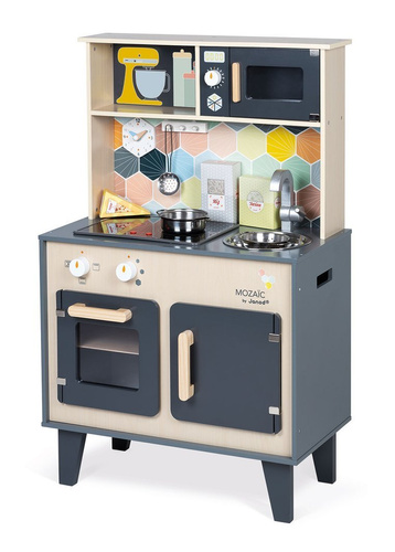 Janod Duża drewniana kuchnia z dźwiękiem, światłem LED i 6 akcesoriami Mozaika 3-8 lat