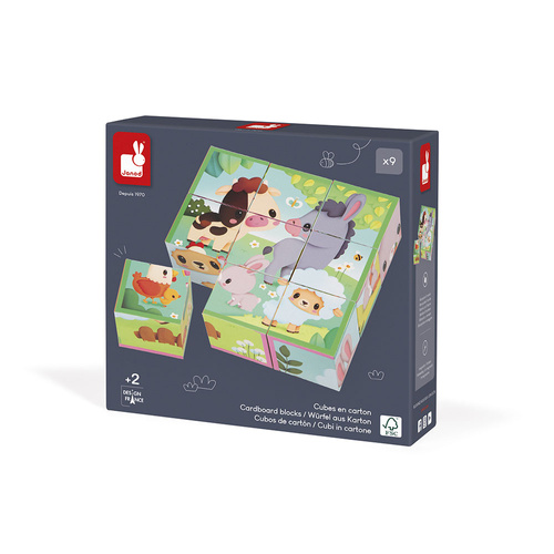 Janod Klocki układanka 6w1 kostki 9 el. Farma 2+