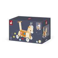 Janod Jeździk i pchacz 2w1 z sorterem kształtów Osiołek Farma 12m+