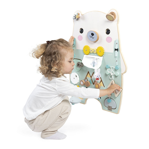 Janod Duża drewniana tablica manipulacyjna 20 aktywności Miś Pure 18m+