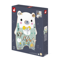 Janod Duża drewniana tablica manipulacyjna 20 aktywności Miś Pure 18m+