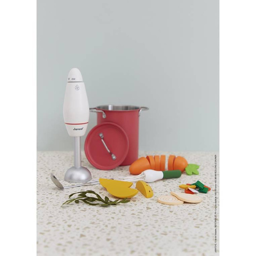 Janod Zestaw do gotowania zupy z drewnianym blenderem i akcesoriami 3+